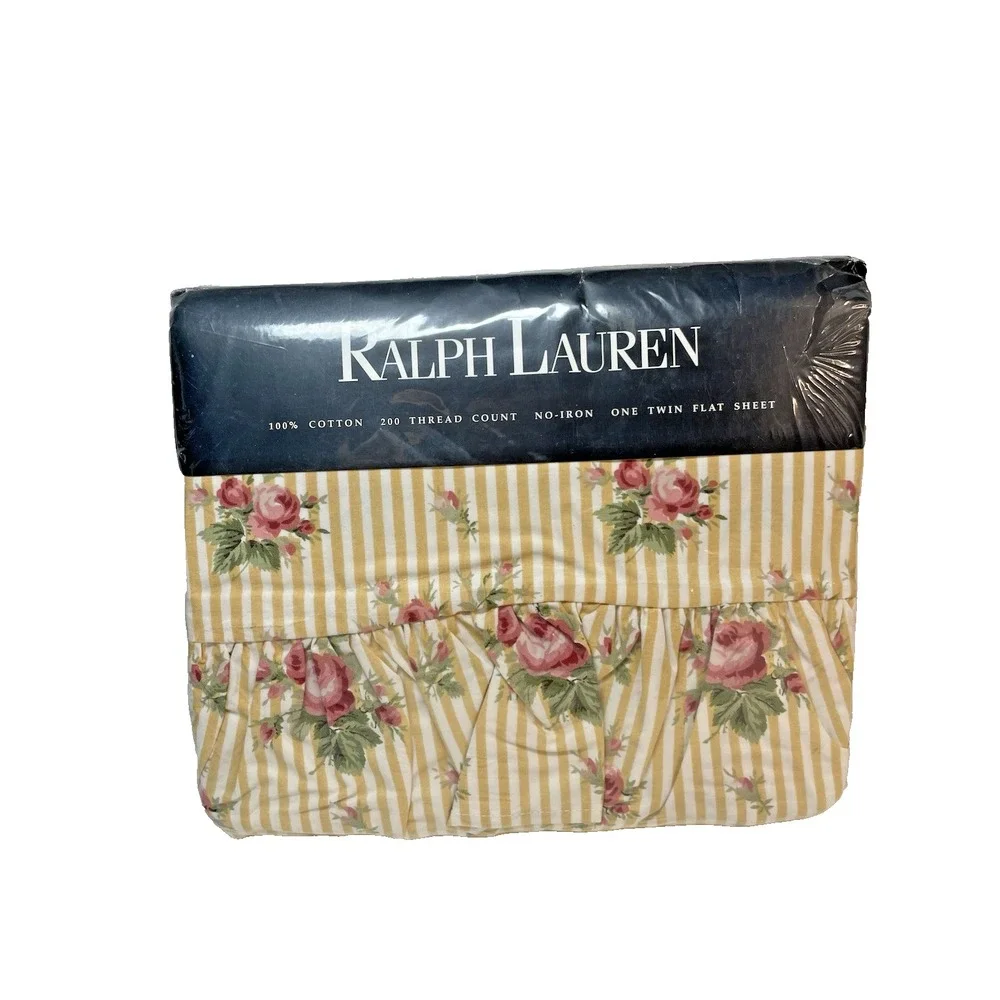 Vtg New NOS Ralph Lauren Sophie Floral Yellow Stripe TWIN Flat & Fitted Sheet